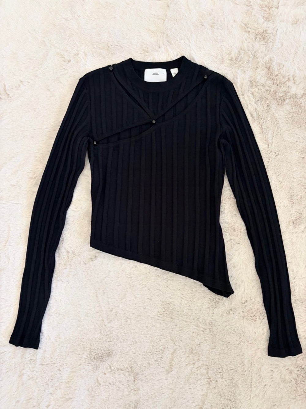NWOT C/MEO Collective Black Asymmetrical Rib Knit Button Detail Long Sleeve US 4